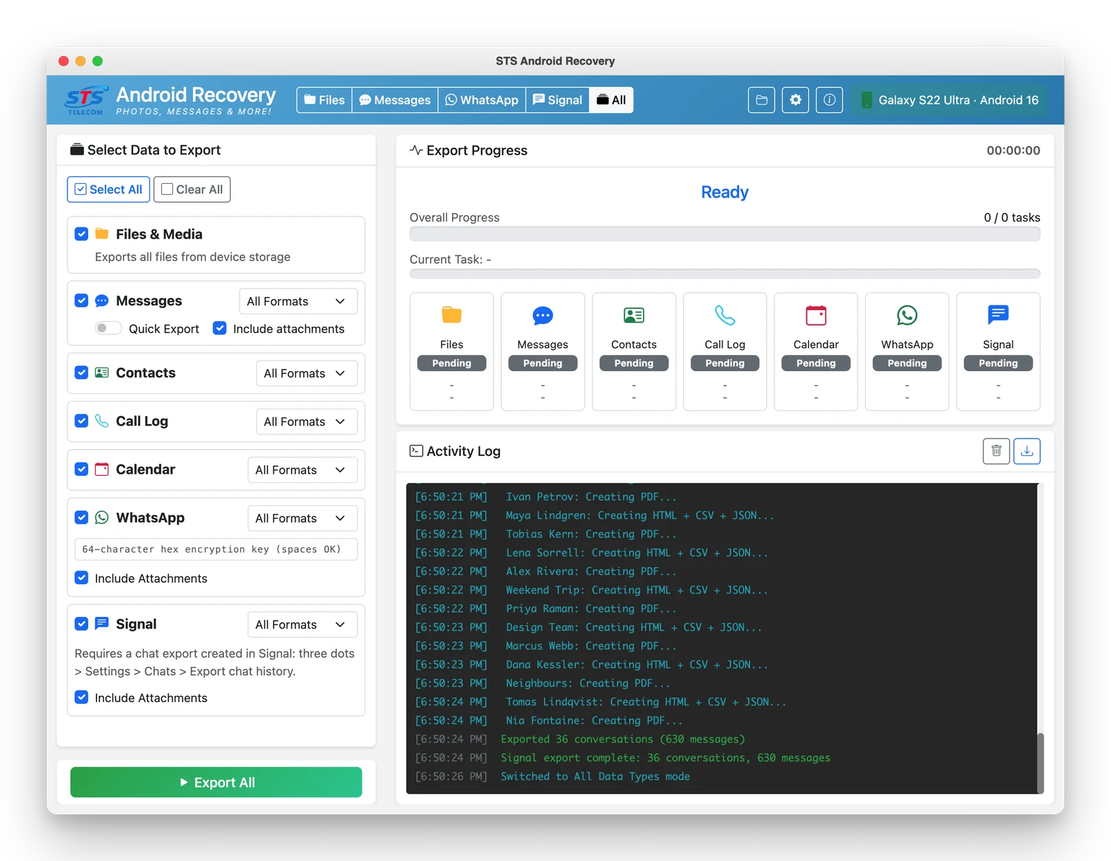 All mode listing every exportable source with its own format dropdown