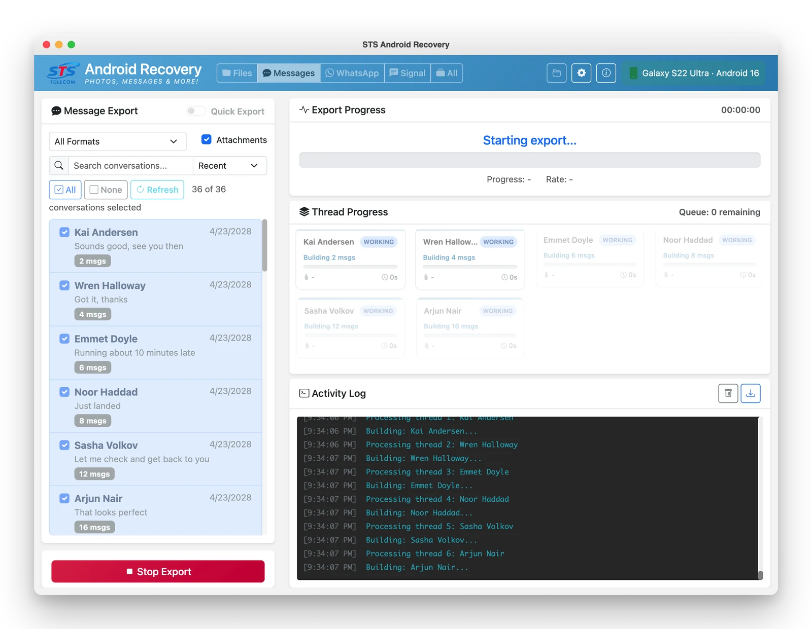 Message export running with live per-conversation progress cards