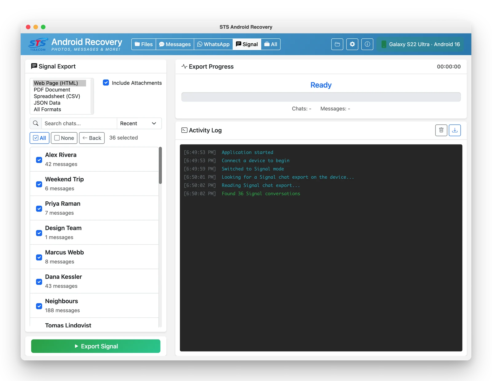 Choosing the output format for an export