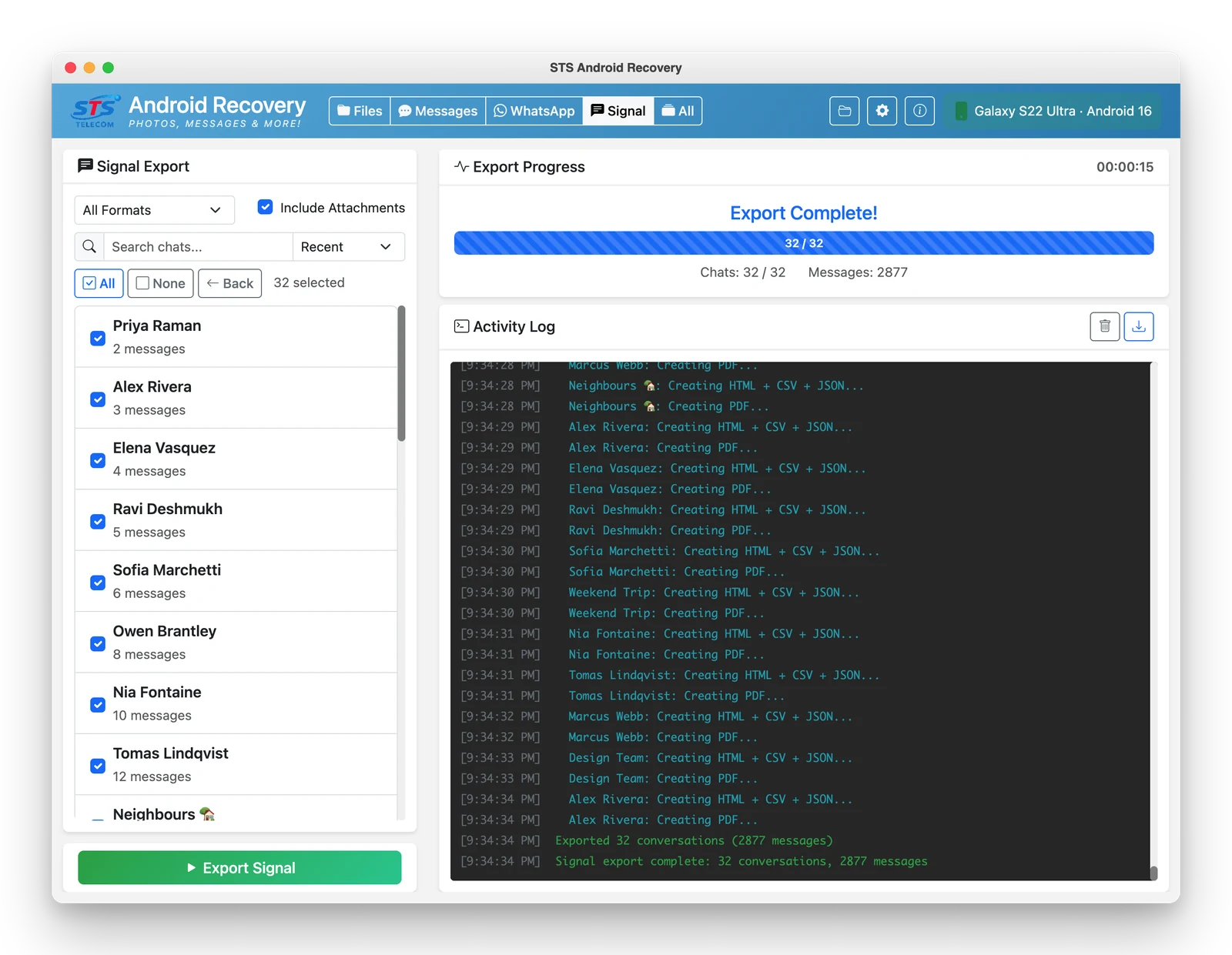 STS Android Recovery finishing a Signal export of 32 conversations
